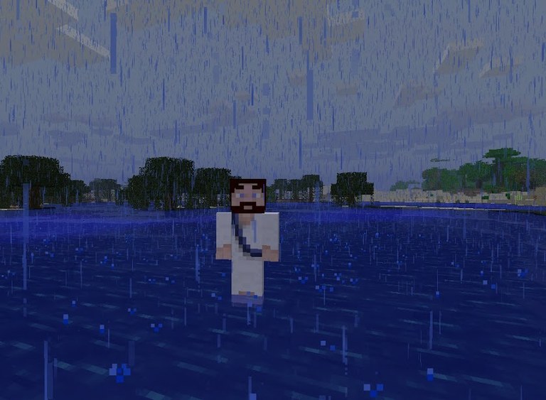 Jeesus kävelee veden päällä sateessa