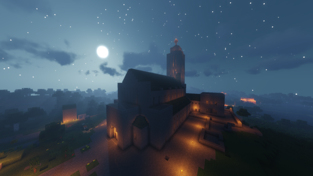 Kirkko. Taustalla tähtitaivas.