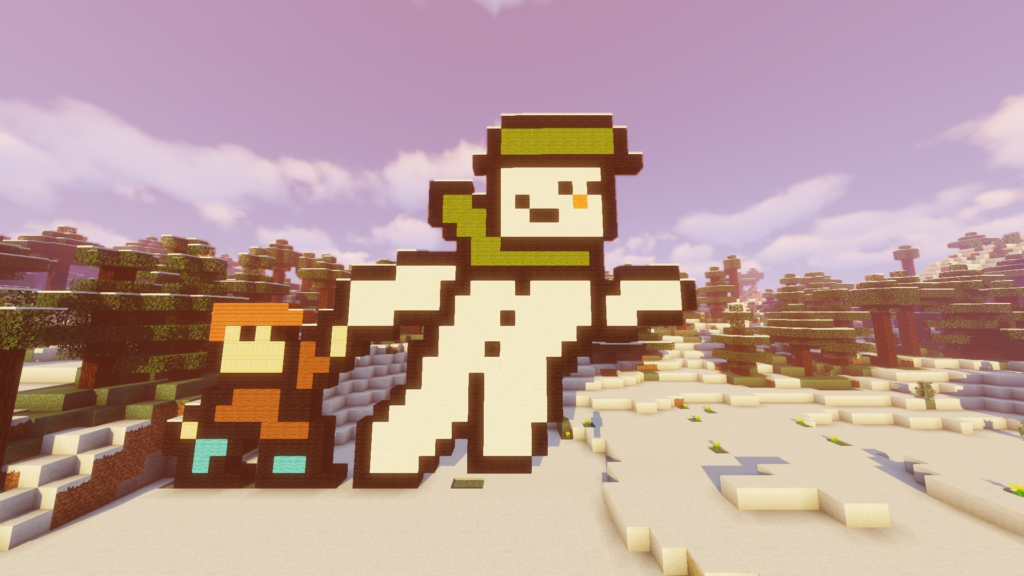 Rakennelma Minecraftissa, joka kuvaa lumiukkoa ja lasta.