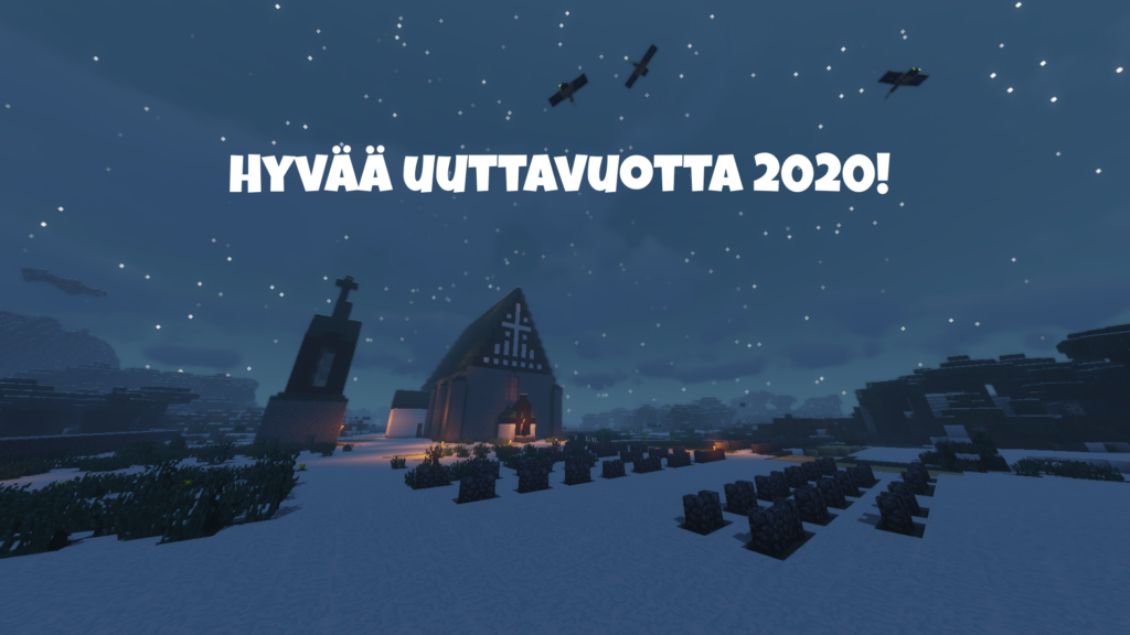Hyvää uutta vuotta 2020. Kirkko ja luminen maisema.